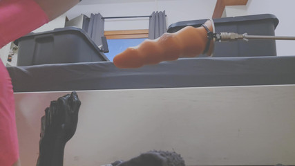 Man in Chastity with Pink Latex Stockings Enjoys Machine & Fisting