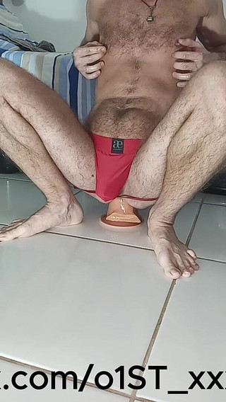 Again in Red Underwear Riding on My Big Dildos