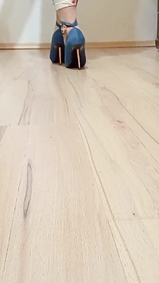 Crossdresser Walks in Sexy Blue Jeans Pointed Toe High Heels Pumps with Ankle Strap