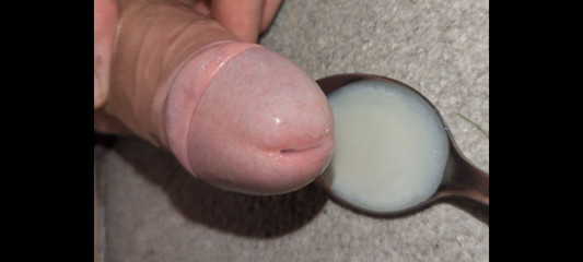 Super Close up Wank, Edge and Leak Multiple Loads Onto a Spoon and Swallow Own Sperm Ruined Orgasm Uncut Veiny Cock Cum