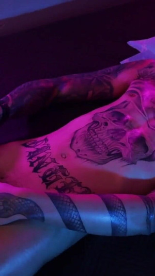 Hot Tattooed Twink Jerking His Big Uncut Cock with Oil and Shooting His Cum