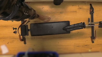 Latex Chastity Cage Sissy on Sex Machine Pillory and Double Dildo