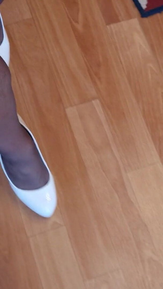 Walking in My High White Shiny Stilettos