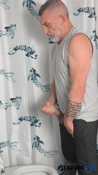 Mature Hung Stepdaddy Pissing an Bating in Bathroom