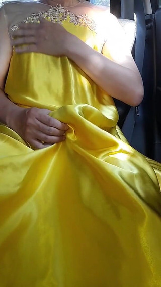 Sexy Crossdresser Masturbating Wearing Yellow Satin Shiny Dress