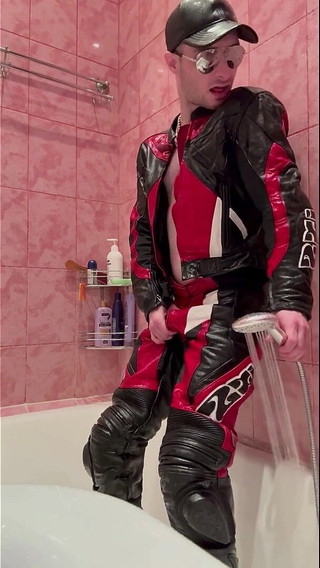 Leather Biker Kinkysirius Take a Shower in Motogear Fetish Outfit!