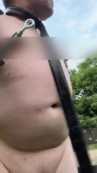 Walking Naked in Park.. with Nipple Clamps and Ballstretcher
