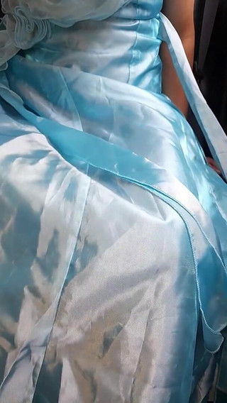 Asian Cross Masturbate and Cum Wearing Satin Shiny Blue Gown