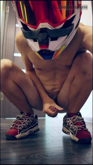 Naked Guy in a Fox Mxhelmet Jerks off on Nike Sneakers