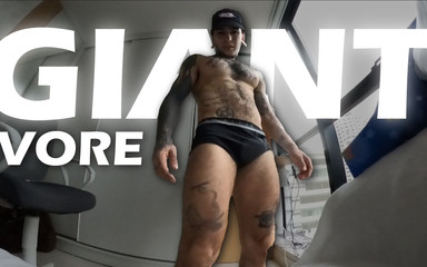 Sweaty Giant Returns From Training and Plays with Tiny Human, Tries to Devour Him and Spills Sperm All Over His Body