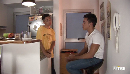 Gay fucks his friend ass in the kitchen after drinking juice