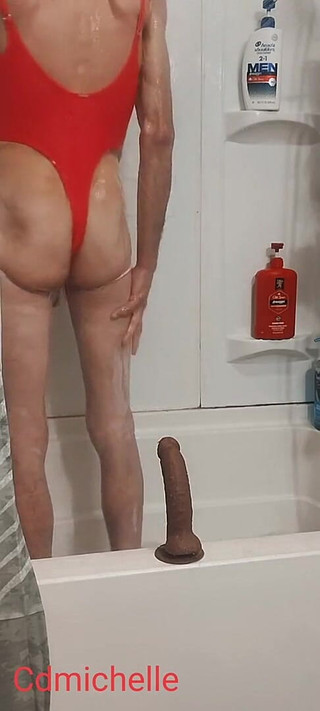 Cdmichelle Wearing Sexy Orange Swimsuit Playing Around in the Shower