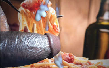 Black cock gay Stepdaddy bear jerking off on picture of food i made for my wife birthday with big cum load