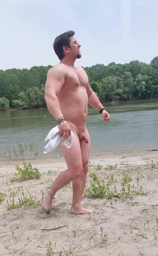 Not a Nudist Beach but Who Cares. Get Out of Water and Make Muscle Pose Naked