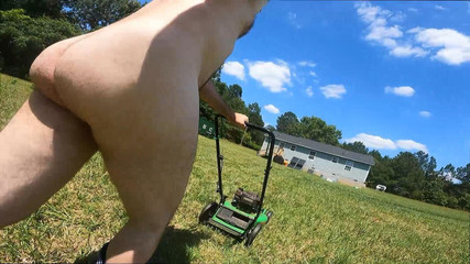Jon Scarecrow Completely Naked in Cowboy Boots Push Mowing the Grass