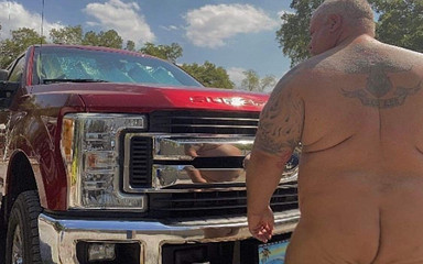 Hairy muscle Stepdaddy peels sweaty underwear off over his bull balls in the shower