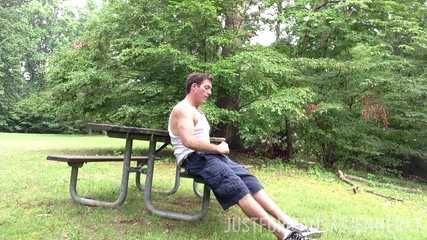 Here I Am Jacking off at the Park on the Picnic Table, Standing Sitting and Cumming. Cargo Shorts and Boxers, Wifebeater