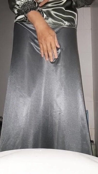 Satin Silver Long Skirt Pissed and Cum Rag