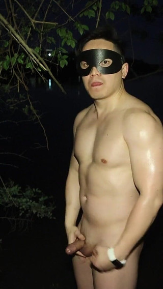 Flexing and Jerking off at Night by the Lake