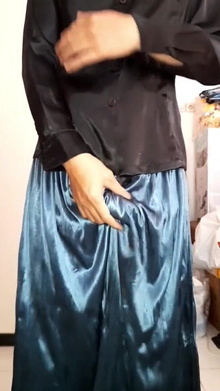Crossdresser Cumming Wearing Satin Silk Blouse and Shiny Skirt